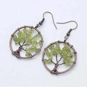 Rustic Antique Copper Peridot Tree of Life Gemstone Beads Dangle Earrings